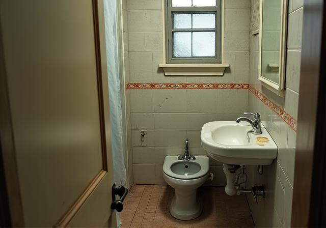 Before shot of a small, dated bathroom in St Kilda.