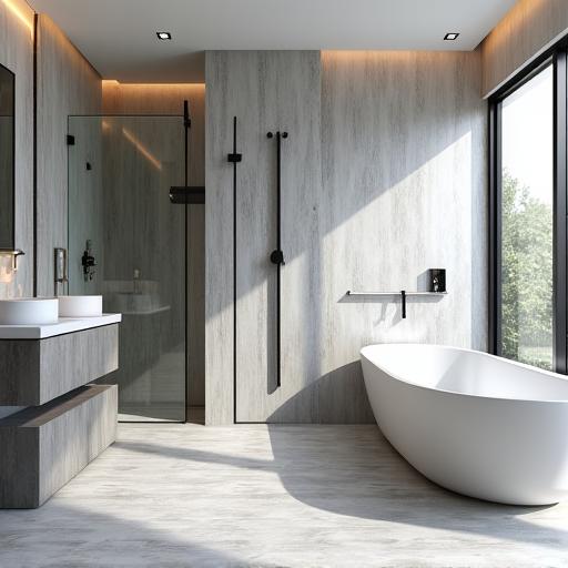 A modern bathroom with a walk-in shower and freestanding tub.