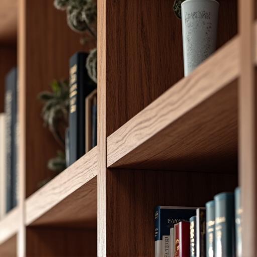 Detailed view of a custom-built wooden bookshelf.